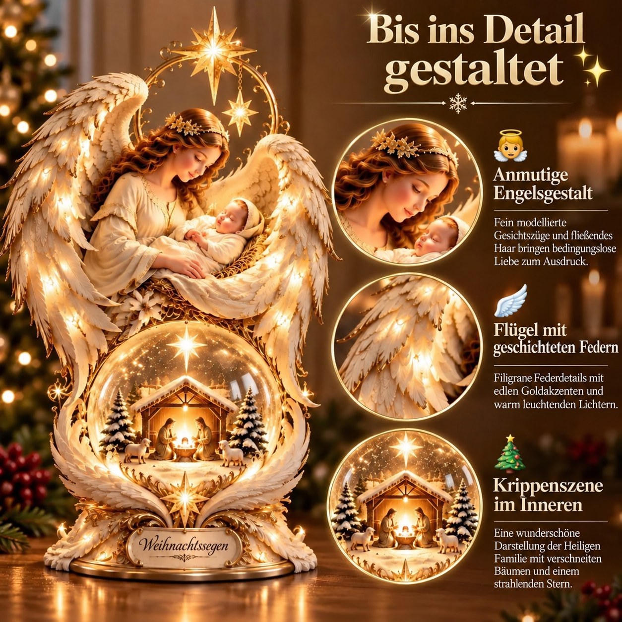 Beleuchtete Weihnachtskrippe mit Engelsflügeln