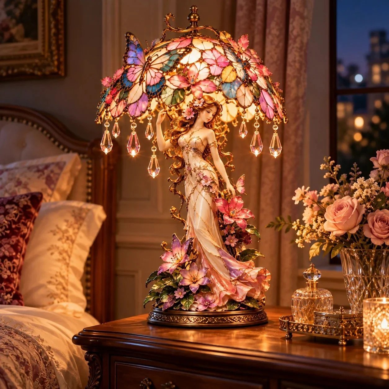 Dekolampe mit Schmetterlingen, Blüten und Figurenmotiv