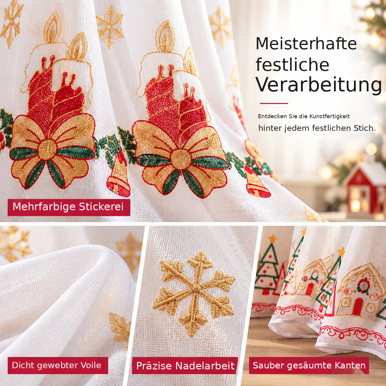 Transparente Weihnachtsgardinen mit Stickmotiven