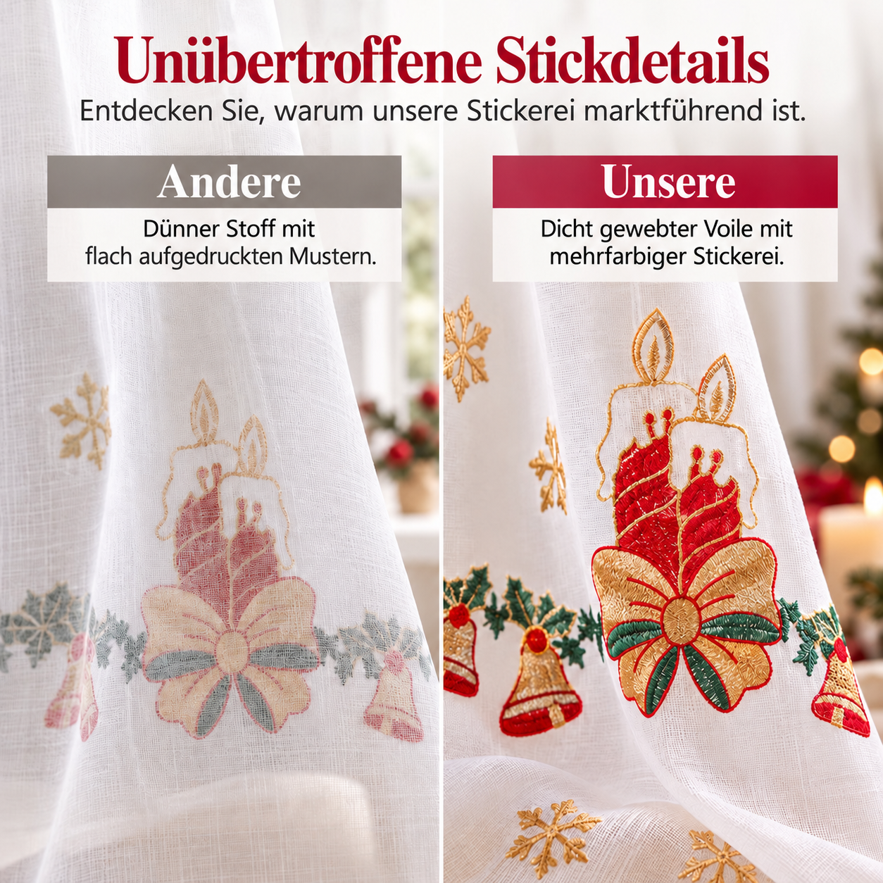 Transparente Weihnachtsgardinen mit Stickmotiven