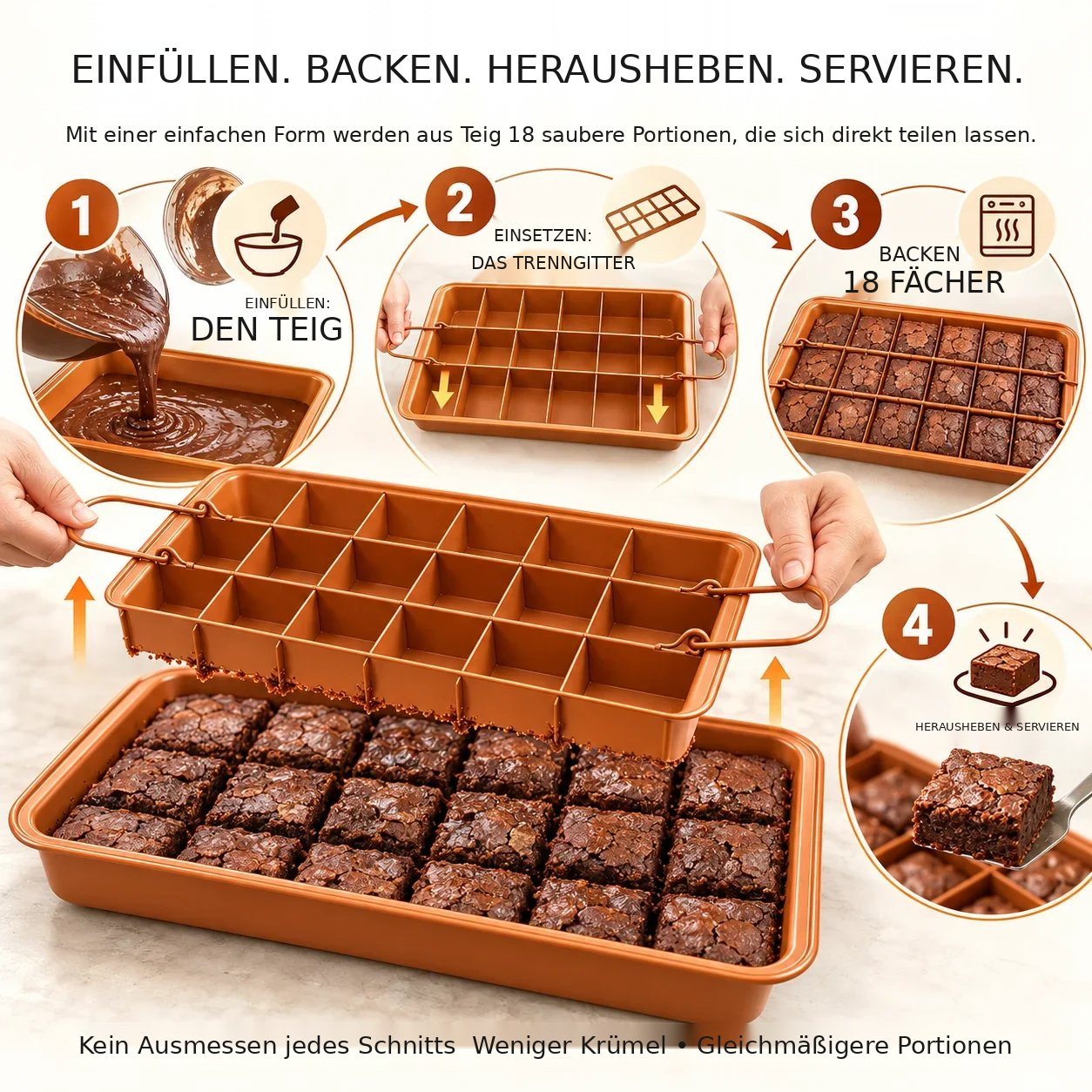 Brownie-Backform mit 18 Fächern und herausnehmbarem Trenngitter