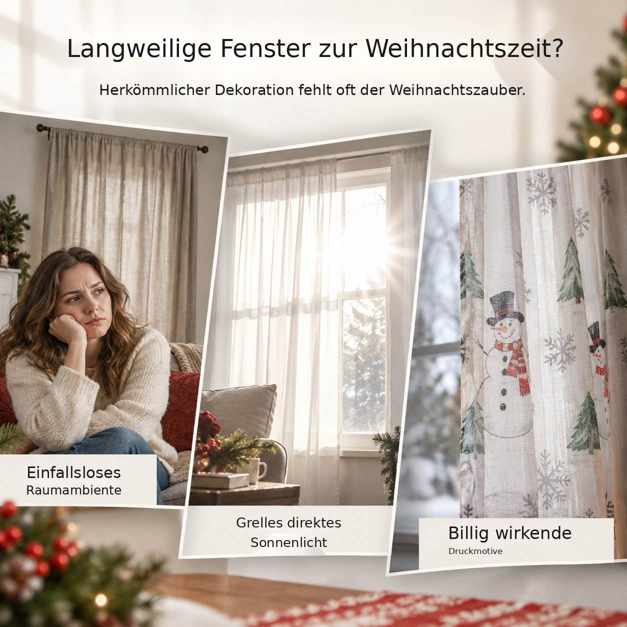 Transparente Weihnachtsgardinen mit Stickmotiven