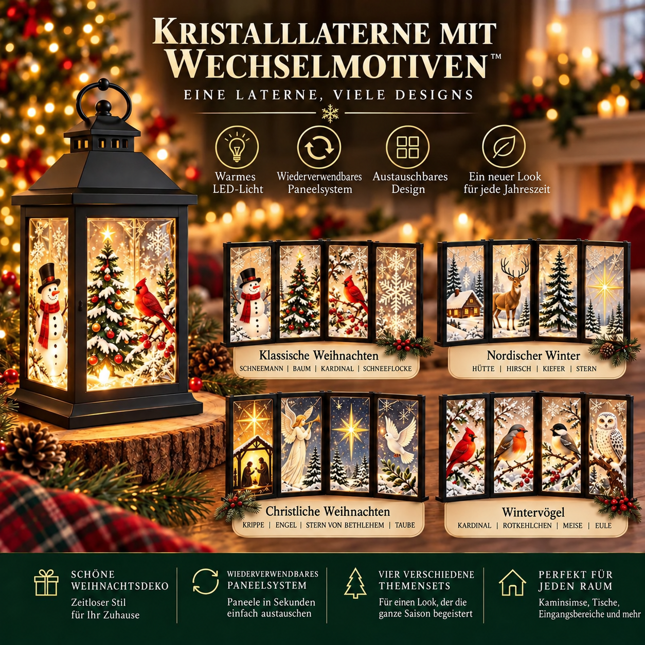 Leuchtende Dekolaterne mit austauschbaren Motiven
