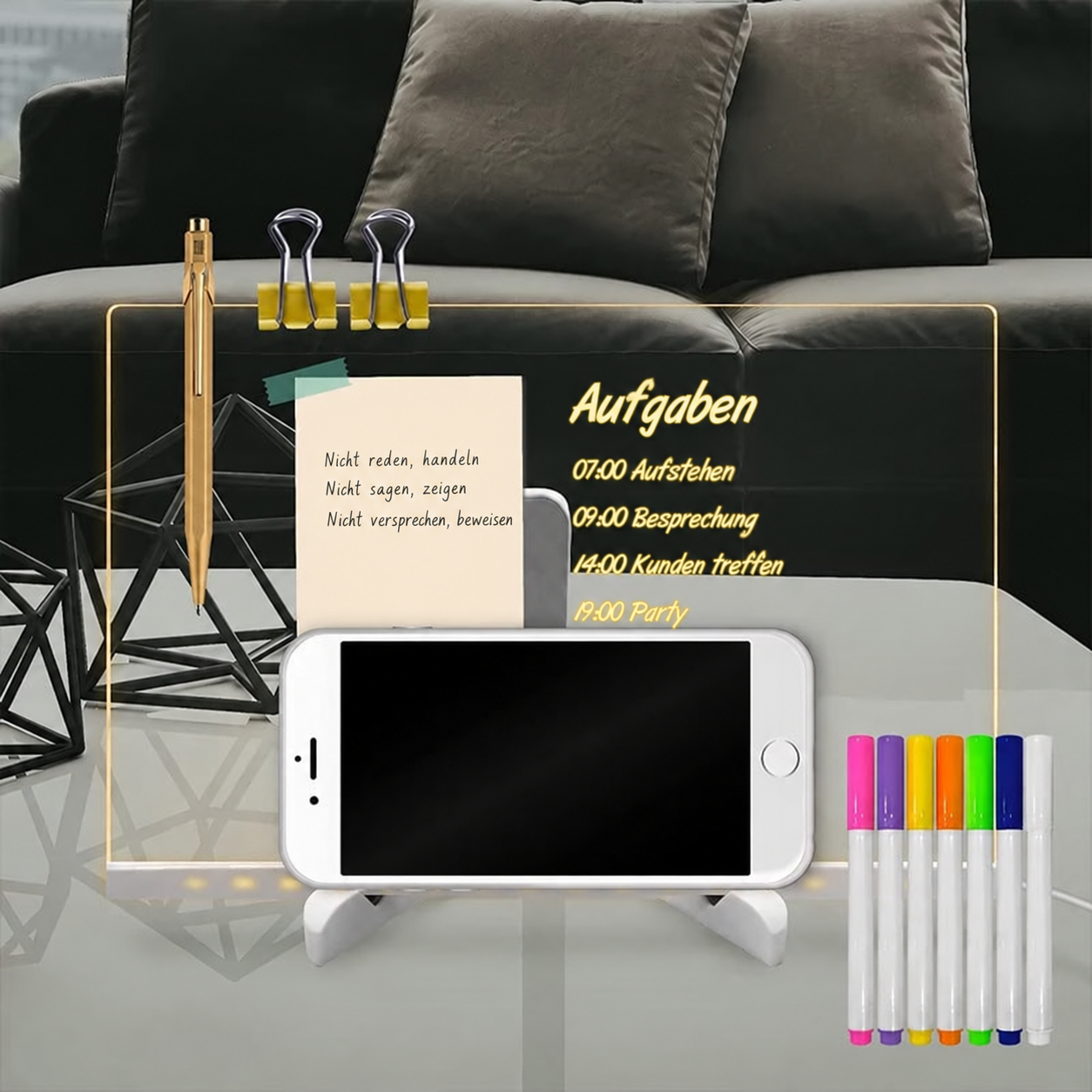 LED-Schreibtafel mit bunten Stiften