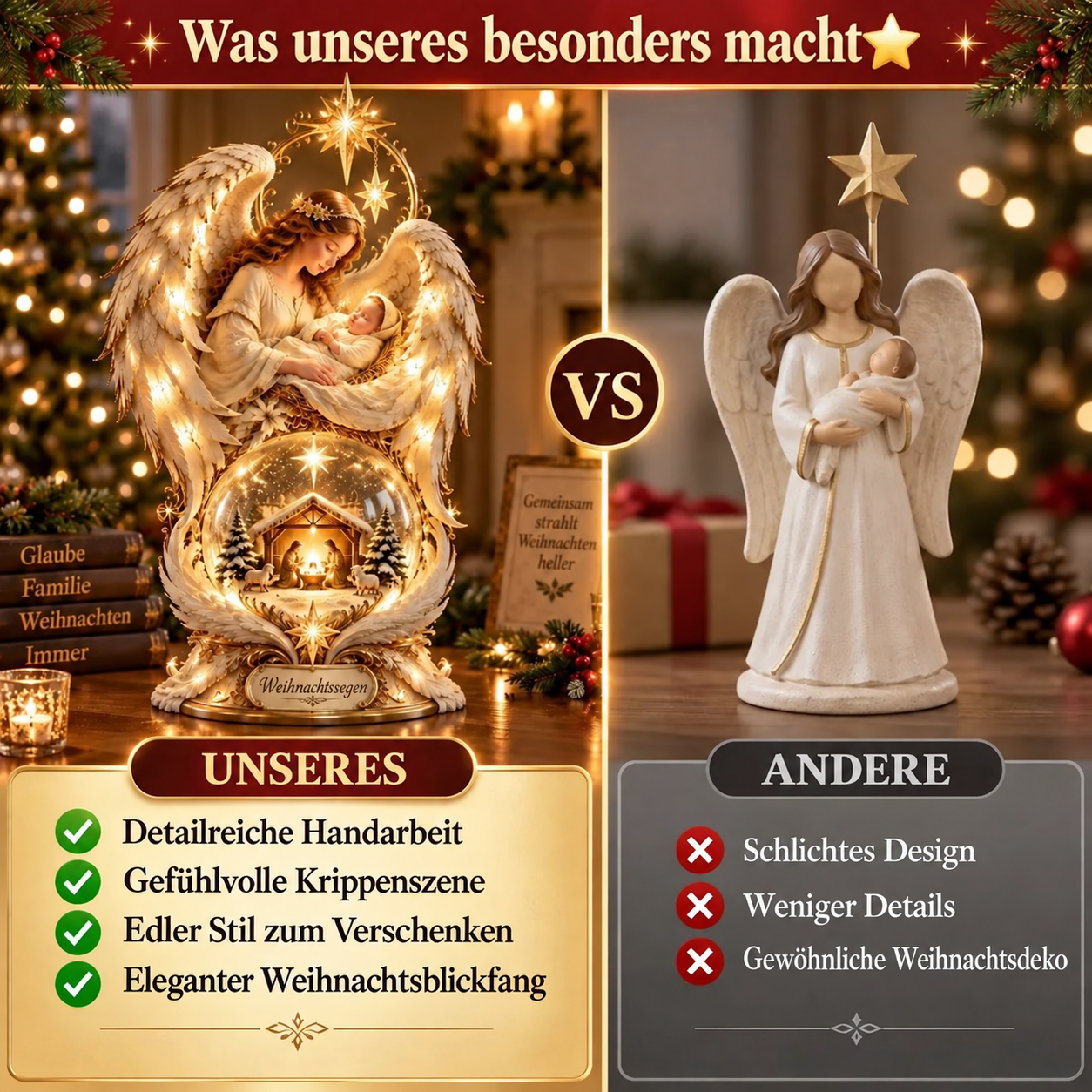 Beleuchtete Weihnachtskrippe mit Engelsflügeln