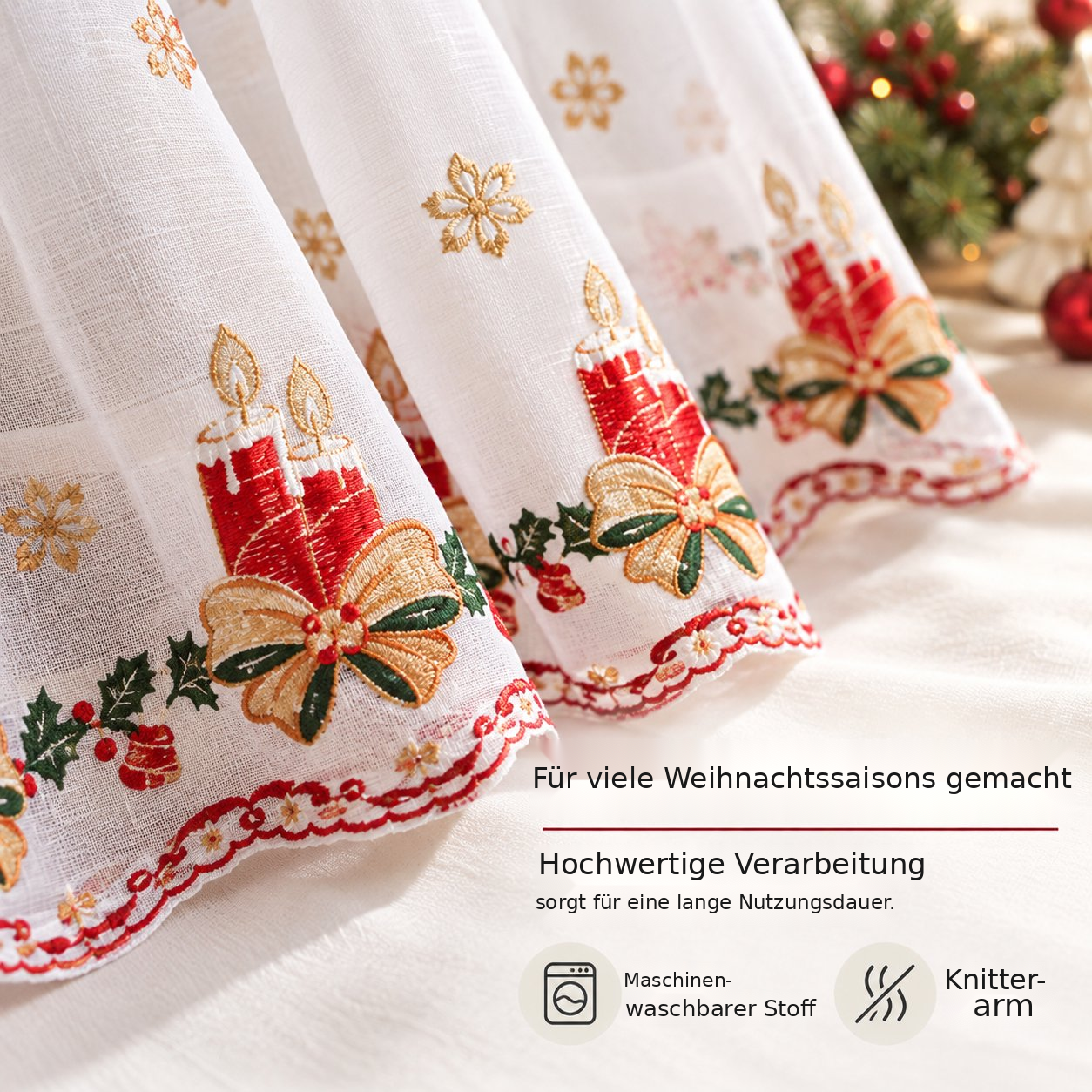 Transparente Weihnachtsgardinen mit Stickmotiven