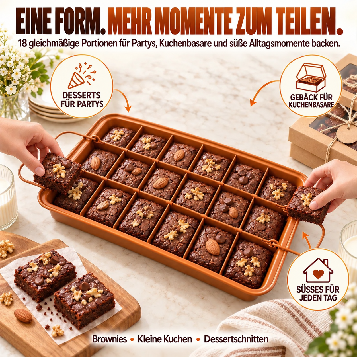 Brownie-Backform mit 18 Fächern und herausnehmbarem Trenngitter