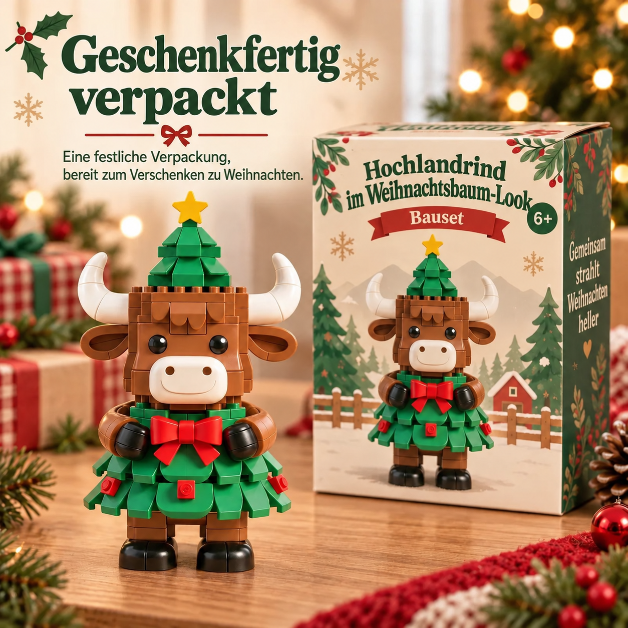 Weihnachtliches Hochlandrind-Bauset