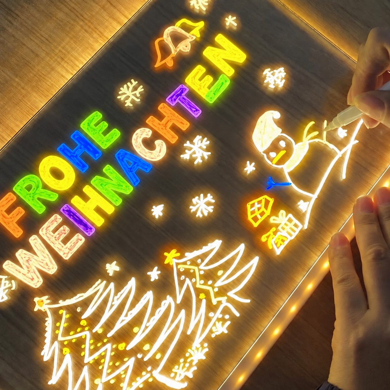 LED-Schreibtafel mit bunten Stiften