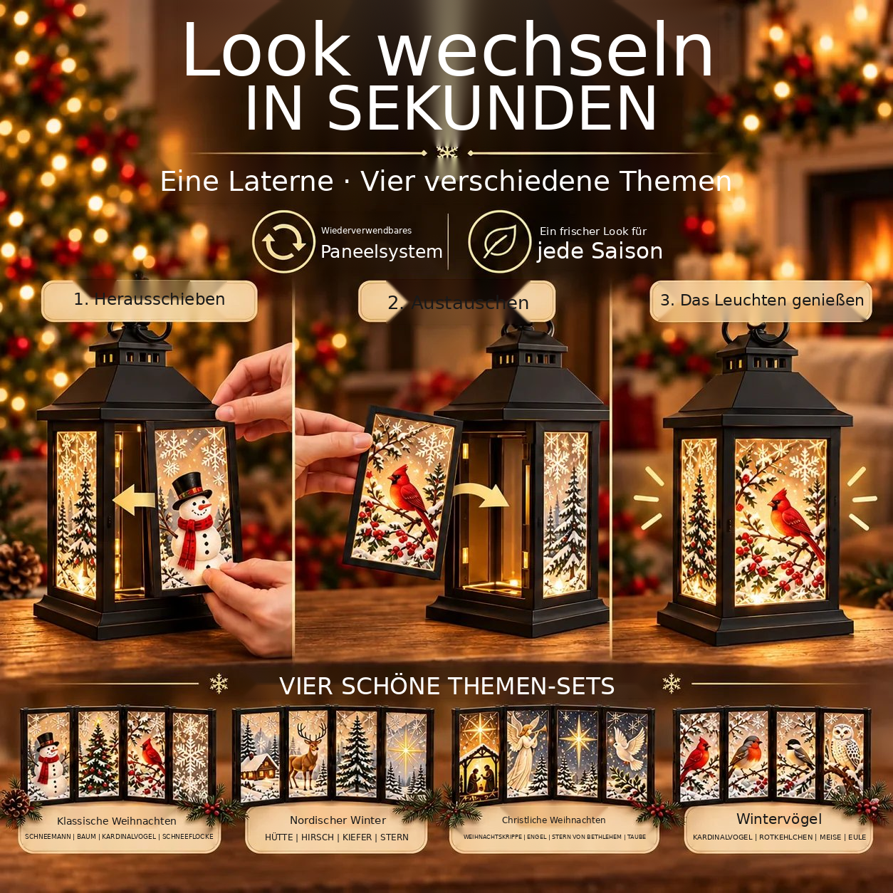 Leuchtende Dekolaterne mit austauschbaren Motiven