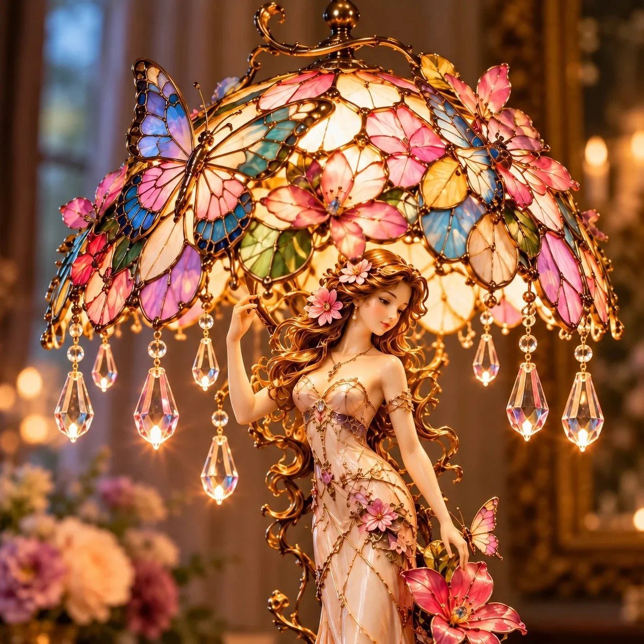 Dekolampe mit Schmetterlingen, Blüten und Figurenmotiv