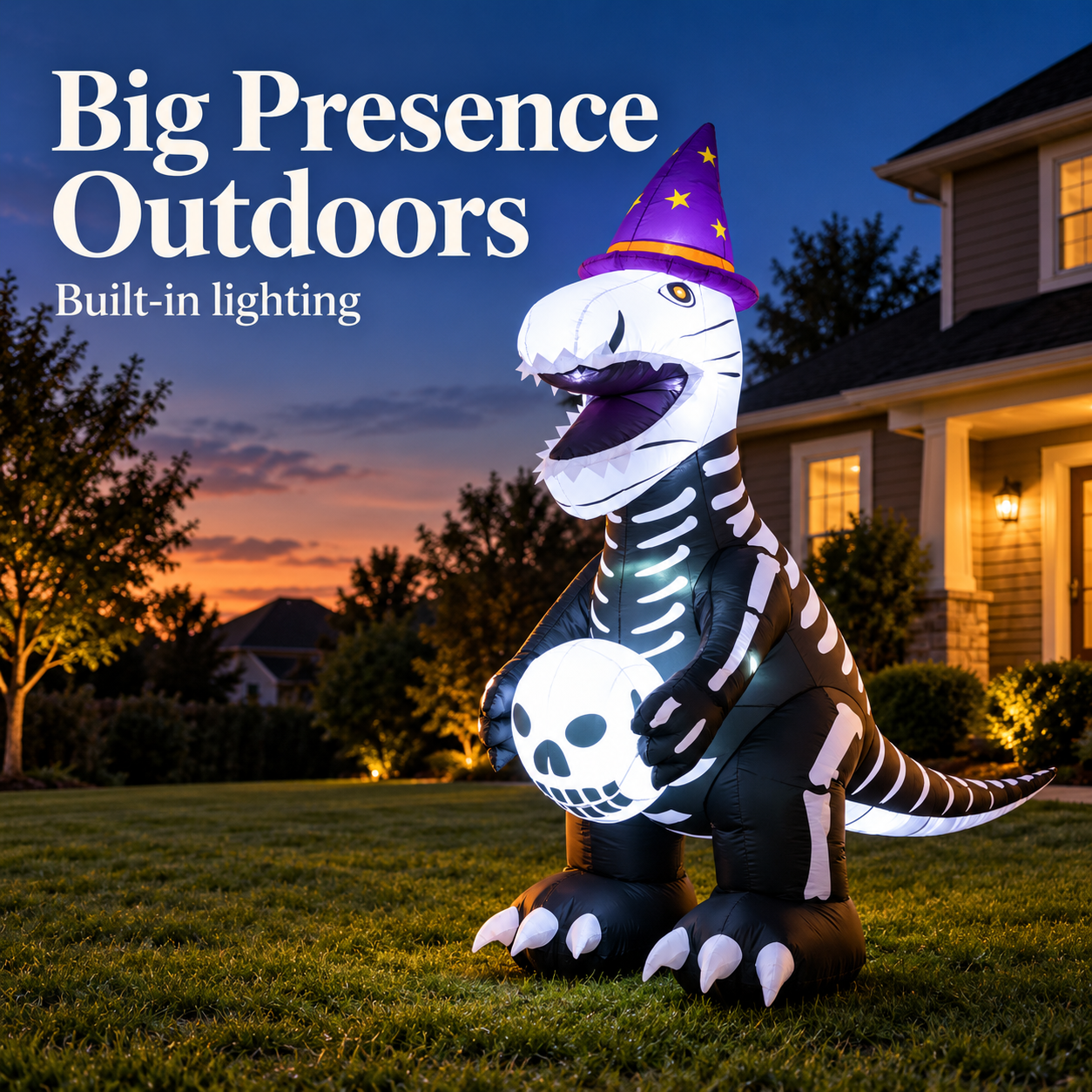White Ghost skeletal dinosaur inflatable with built-in lighting