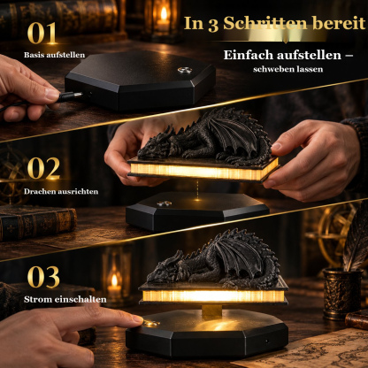 3D-Drachenlampe auf schwebendem Buch – Warmes Dekolicht