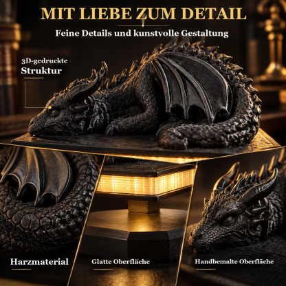 3D-Drachenlampe auf schwebendem Buch – Warmes Dekolicht