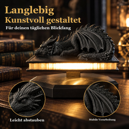 3D-Drachenlampe auf schwebendem Buch – Warmes Dekolicht