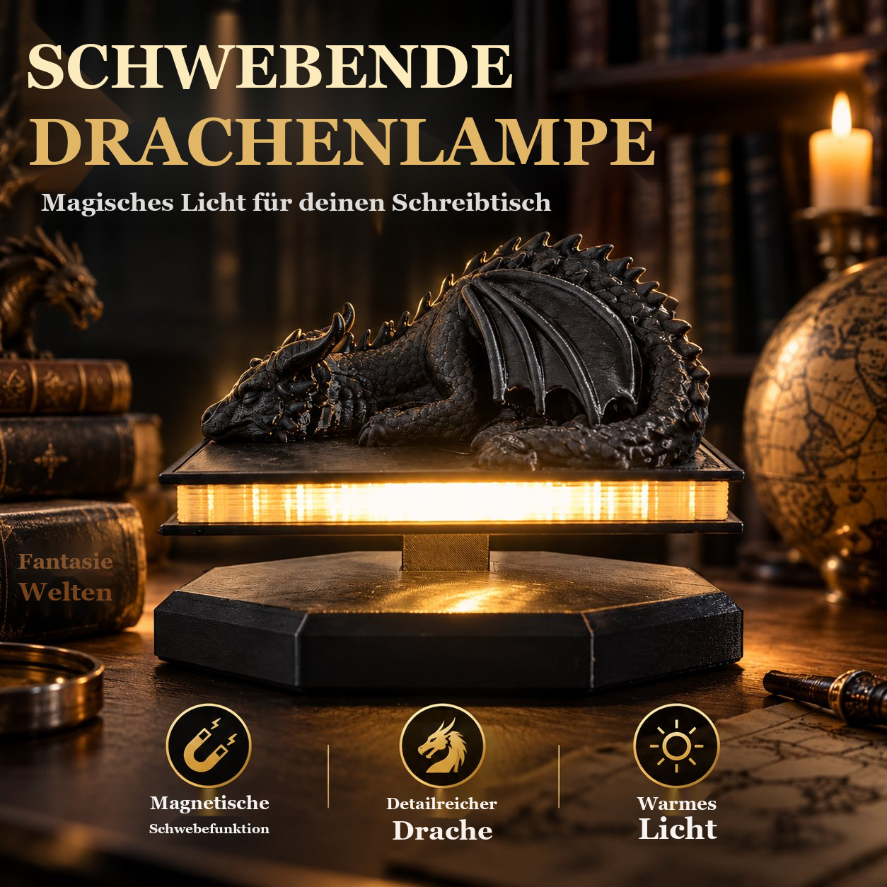 3D-Drachenlampe auf schwebendem Buch – Warmes Dekolicht