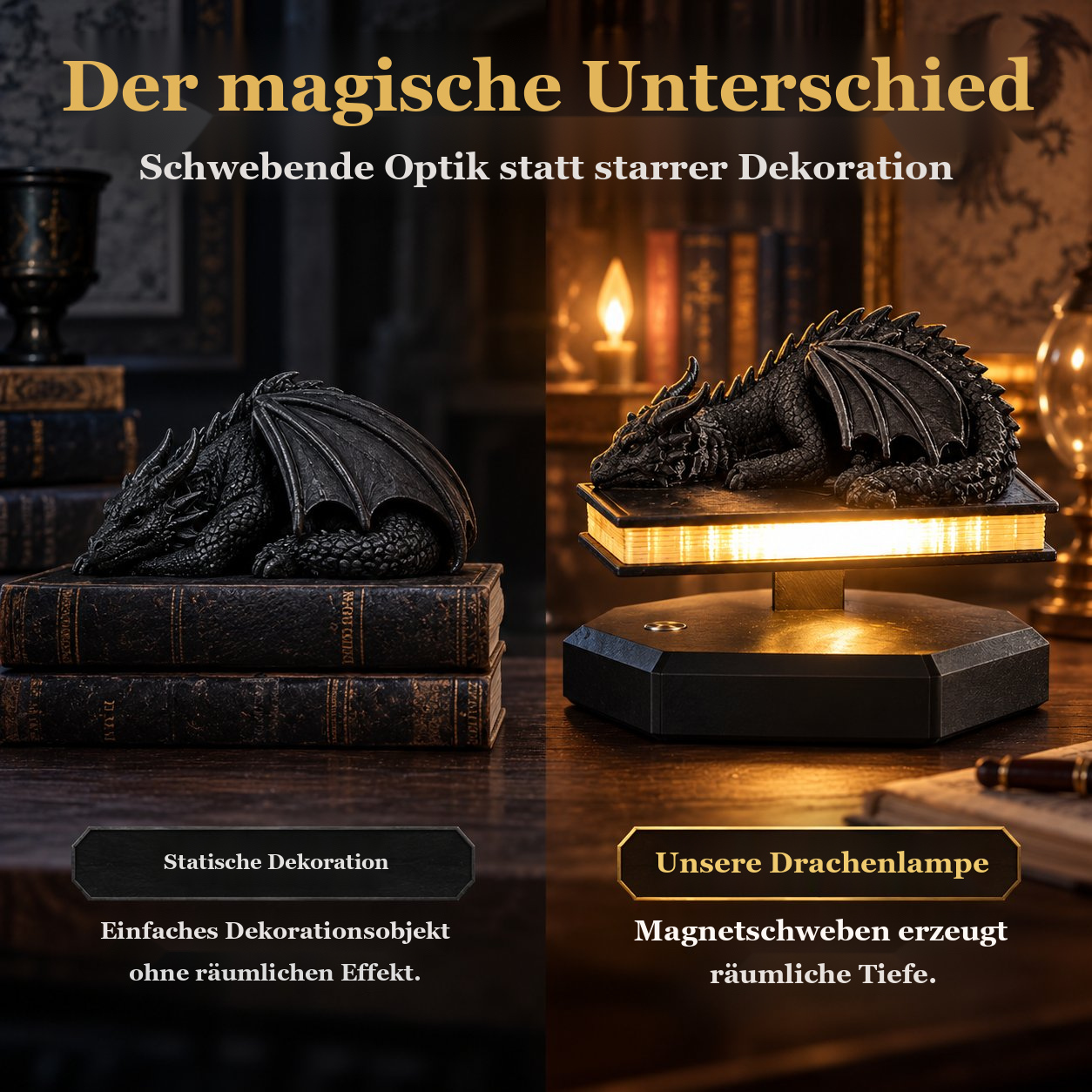 3D-Drachenlampe auf schwebendem Buch – Warmes Dekolicht