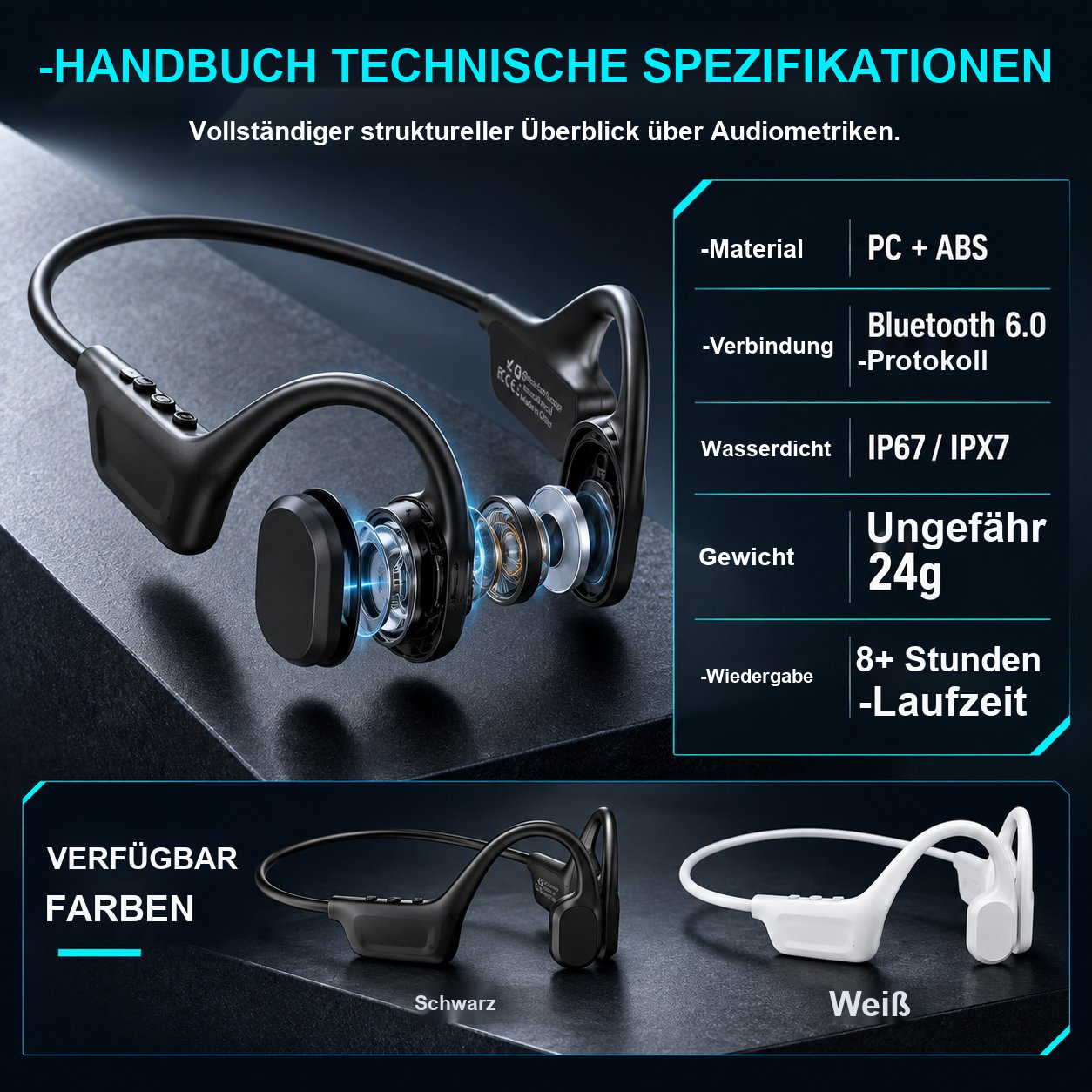 Professionelle Sport-Knochenschallkopfhörer – Bluetooth 6.0, IP67-Wasserschutz, kabelloses Open-Ear-Headset zum Laufen und Radfahren