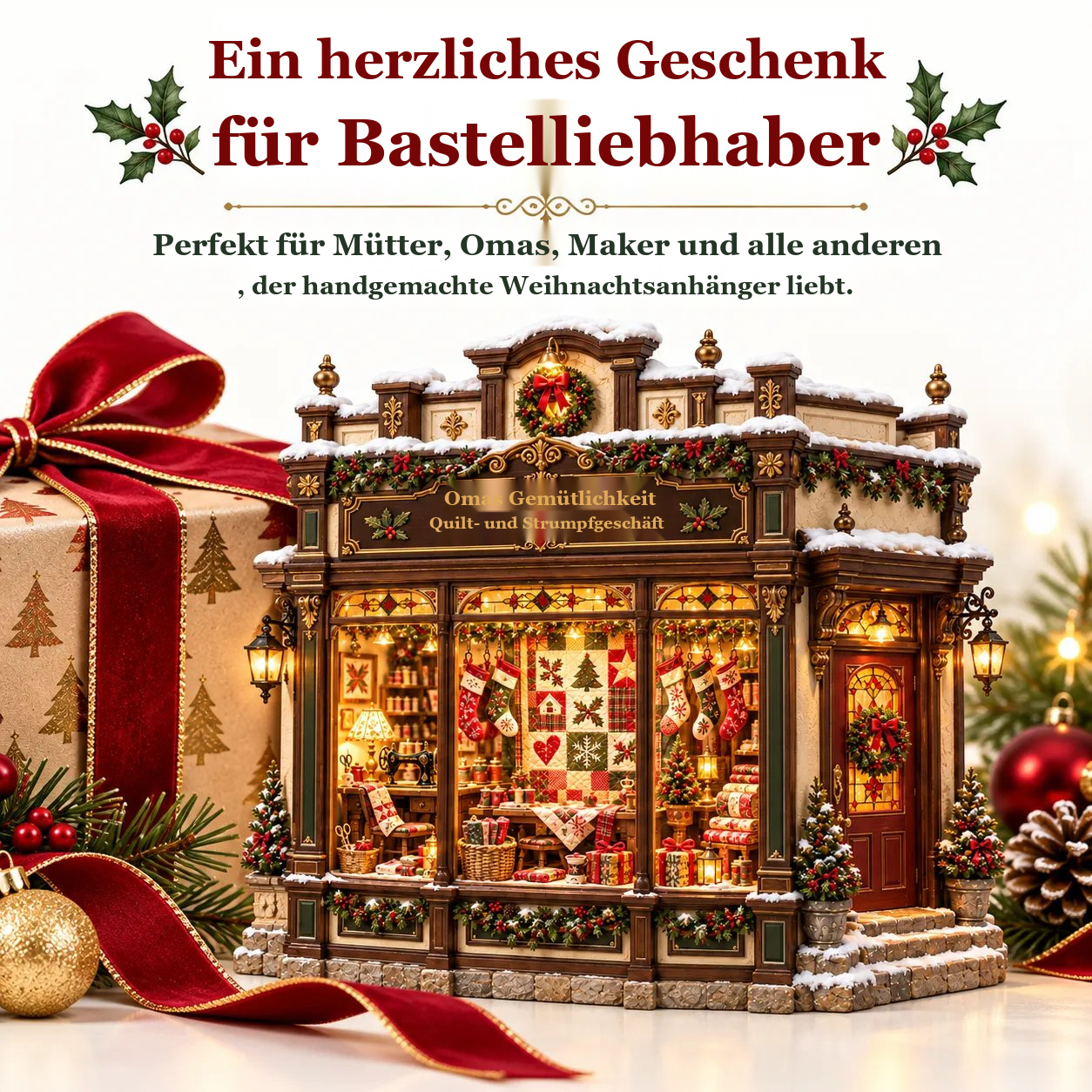🧵 Omas gemütlicher Quiltladen – DIY-Bausatz 🎄 | Beleuchtete Weihnachtsminiatur | Gestalte deine eigene Weihnachtstradition