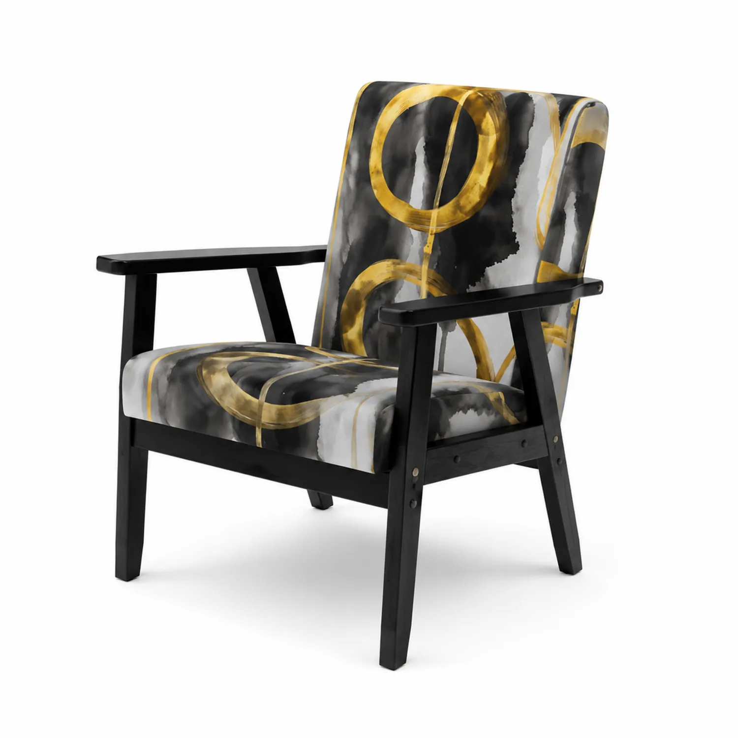 Silla de madera y poliéster con diseño de círculos, Negro y Oro