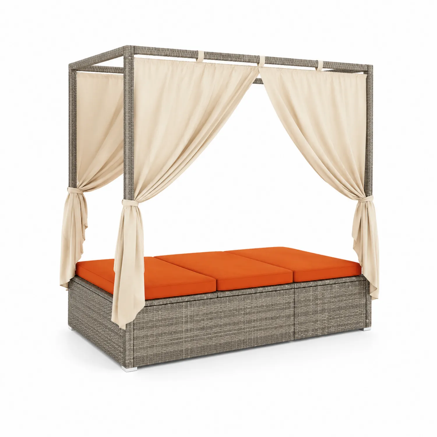 Sofá cama de jardín en ratán con dosel beige y cojines naranjas