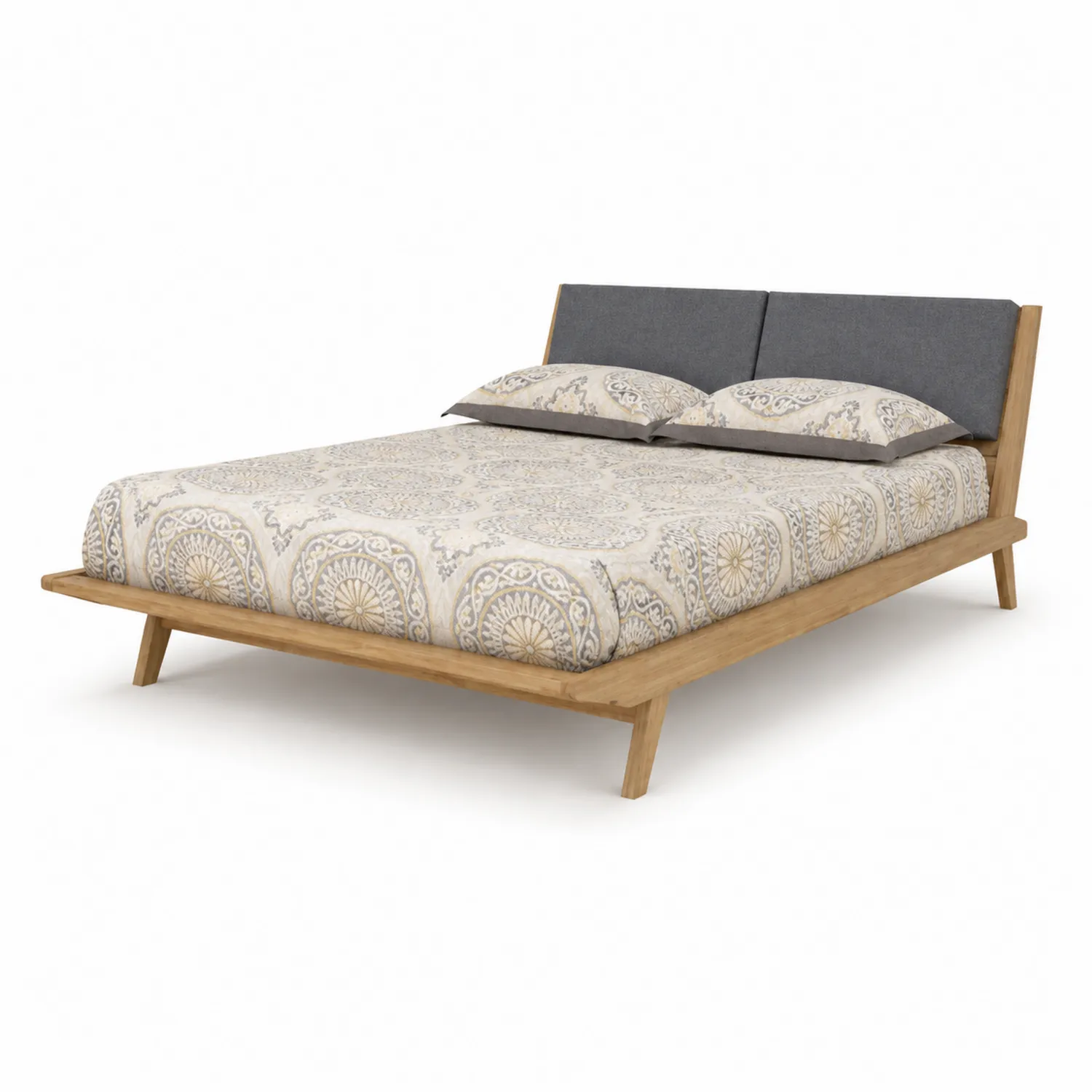 Cama de madera con cabecero tapizado en gris 200x150 cm