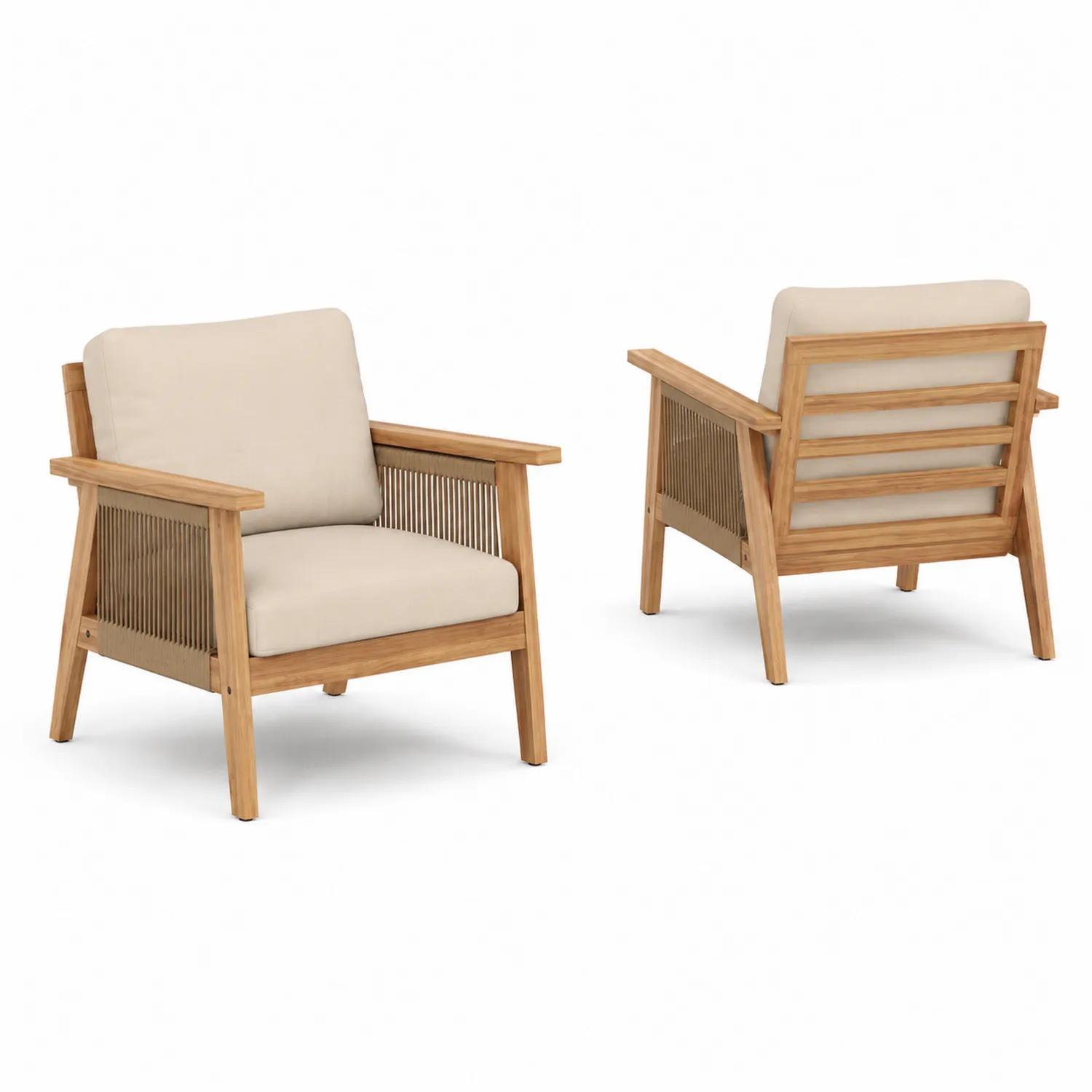 Conjunto de sillones de madera y cuerda con cojines beige