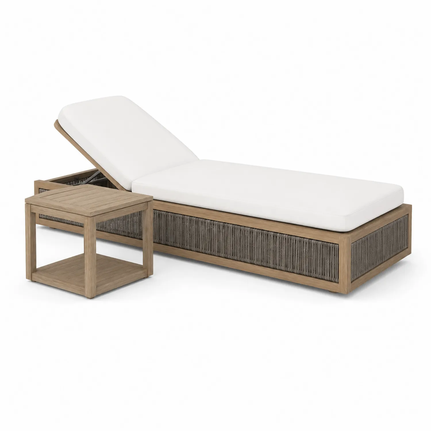 Tumbona de Madera y Cuerda con Cojín Blanco y Mesa Auxiliar