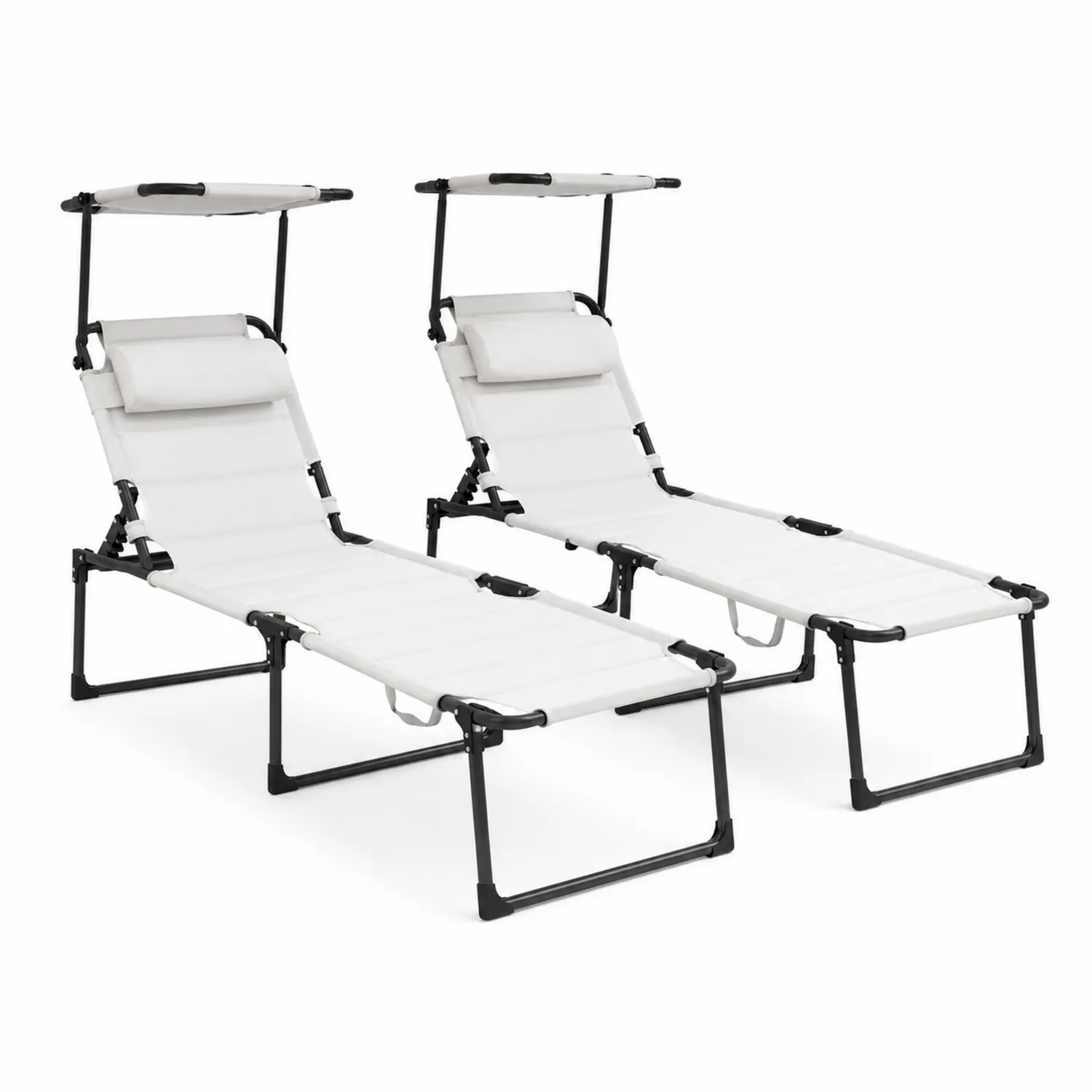 Conjunto de 2 tumbonas de textilene blanco con estructura de metal y parasol ajustable