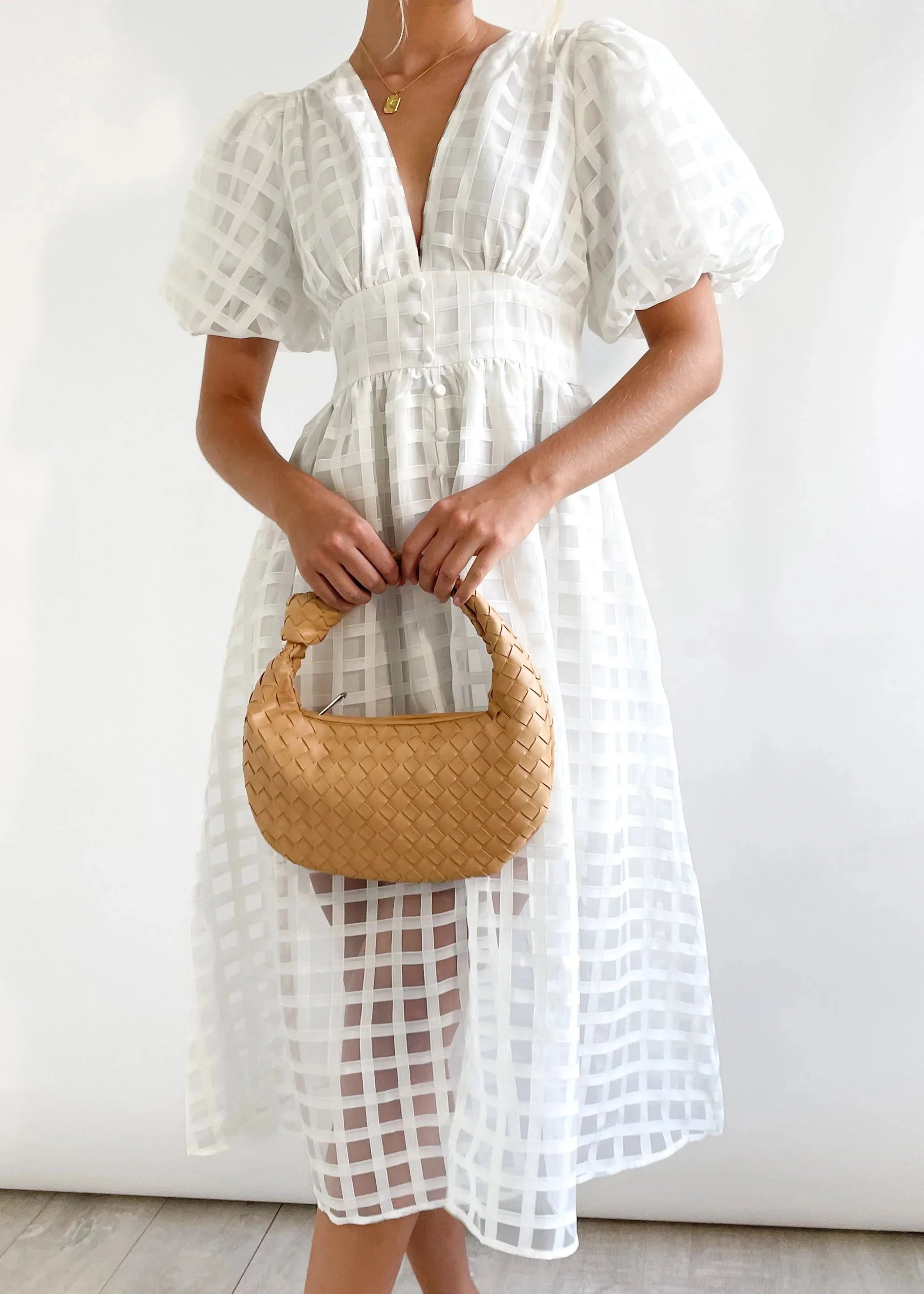 Beauty Square Patterned Fabric Puff Sleeve Midi Dress-Comfort & Reliable