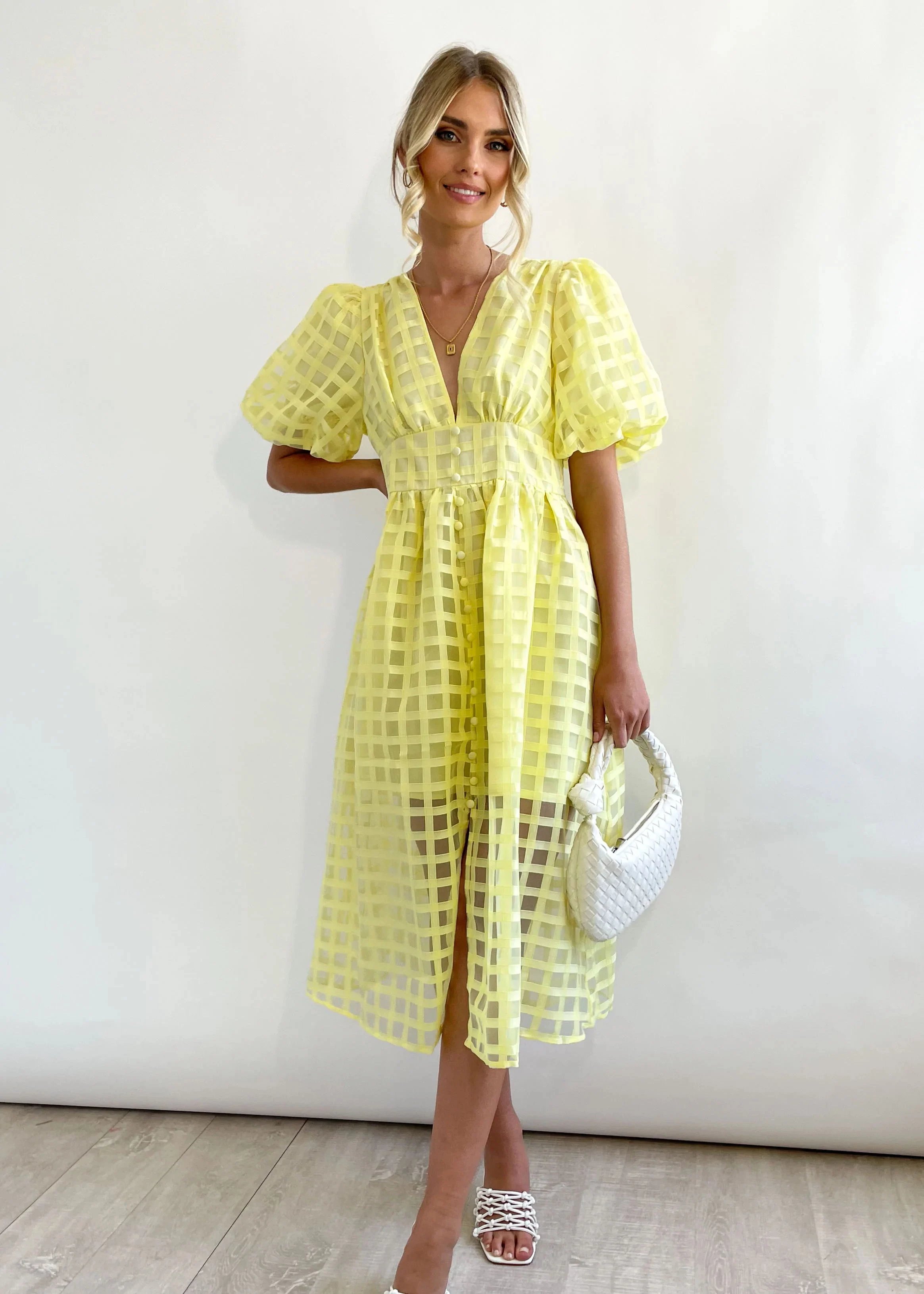 Beauty Square Patterned Fabric Puff Sleeve Midi Dress-Comfort & Reliable