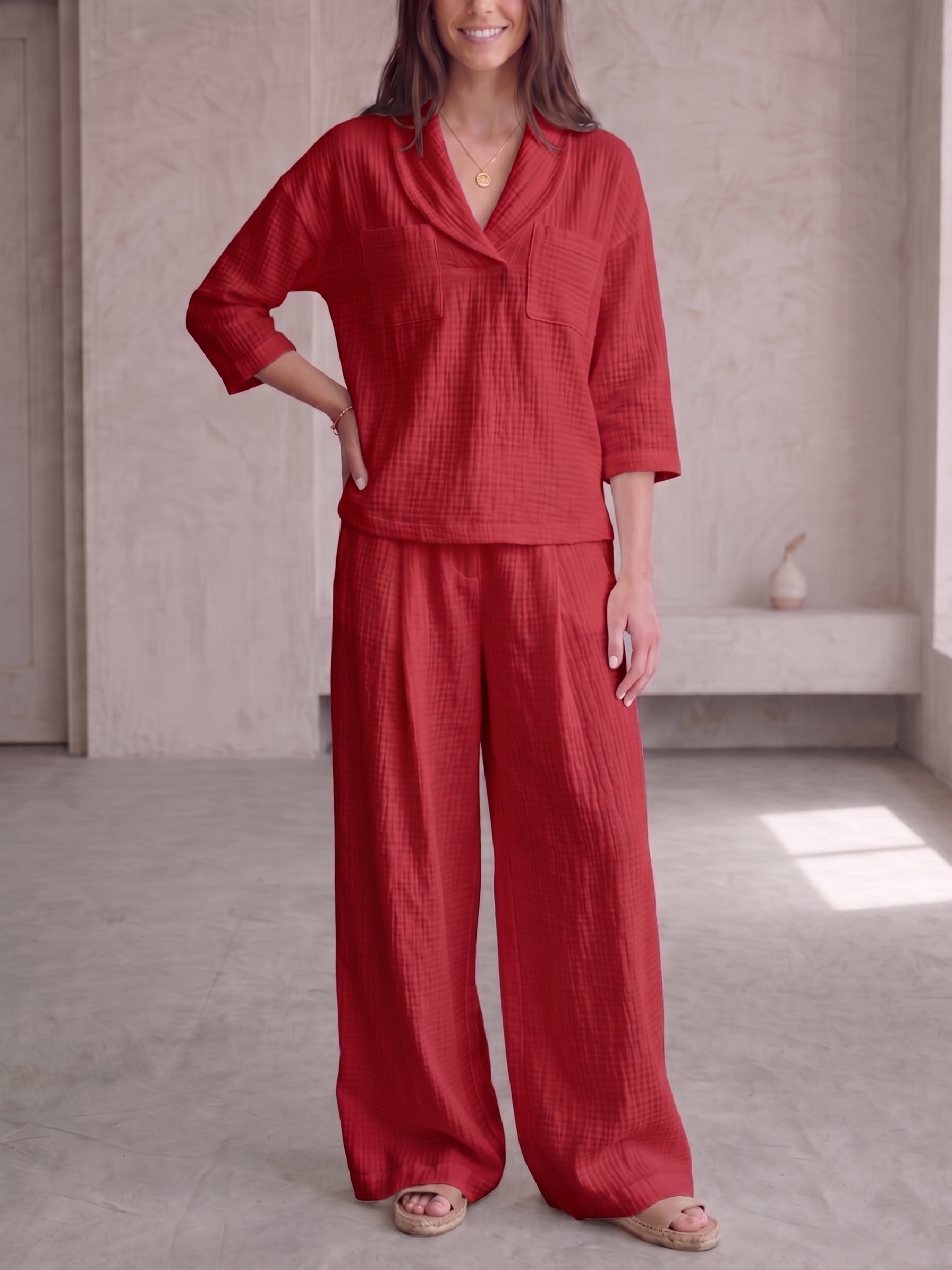 🌟 Clearance Sale🔥 Women's Peter Pan Collar V-Neck 3/4-Sleeve Cotton-Linen Two-Piece Set