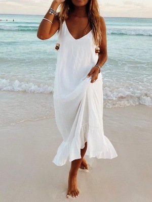 Women's Casual V-Neck Plain Ruffle Hem Sleeveless Dress-Comfort & Reliable