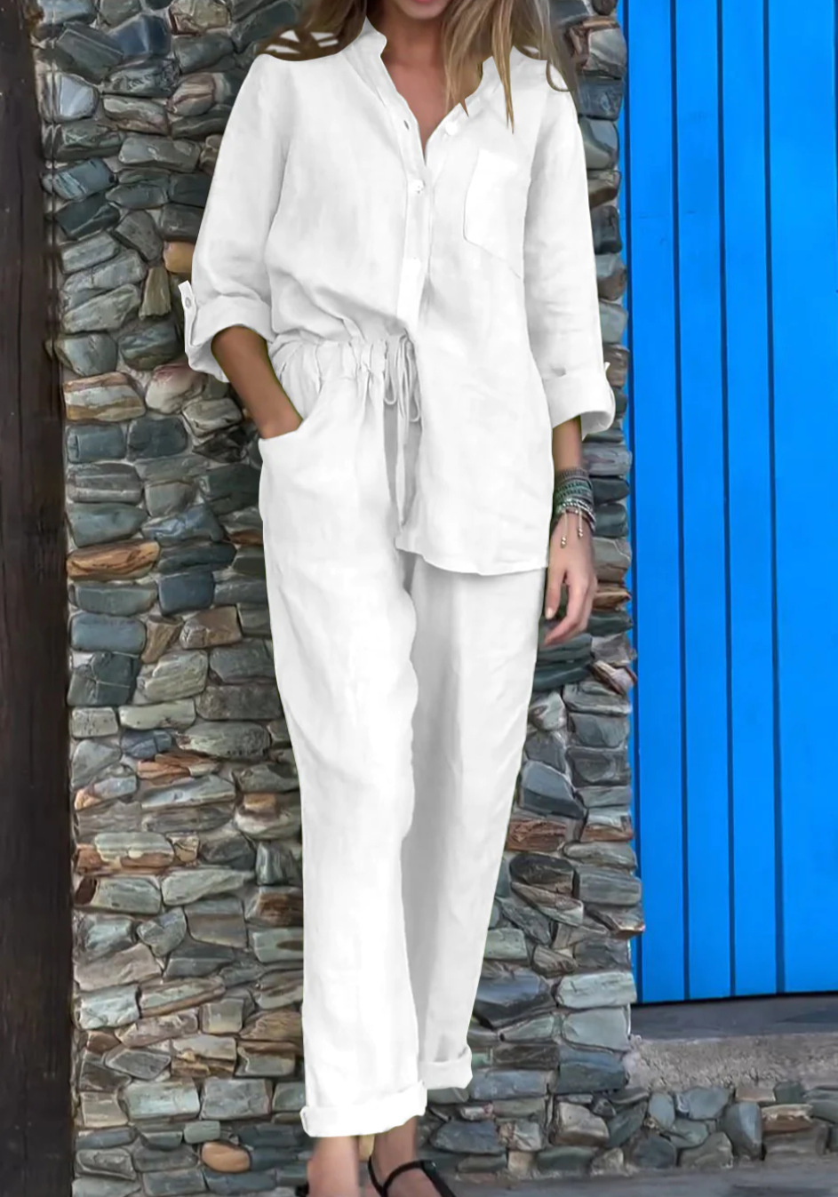 Casual Solid Color V-Neck Shirt & Pants Cotton Linen Two-Piece Set-Comfort & Reliable