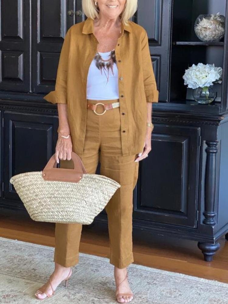 Women's Solid Color Lapel Top Casual Pants Suits-Comfort & Reliable