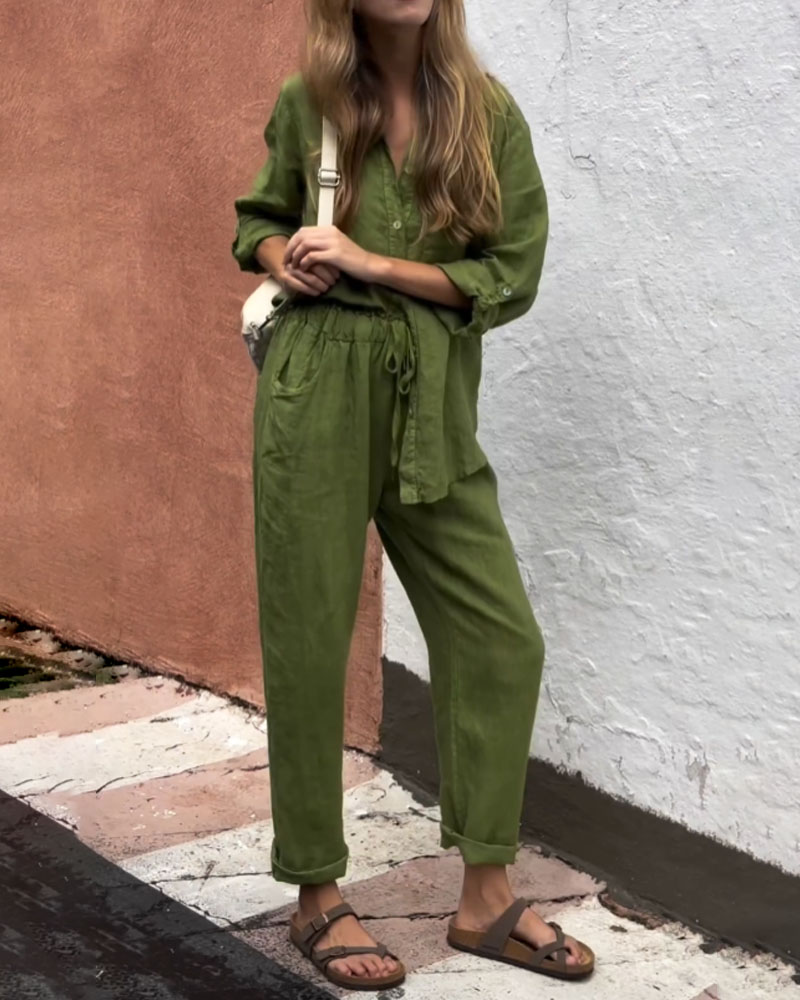 Casual Solid Color V-Neck Shirt & Pants Cotton Linen Two-Piece Set-Comfort & Reliable