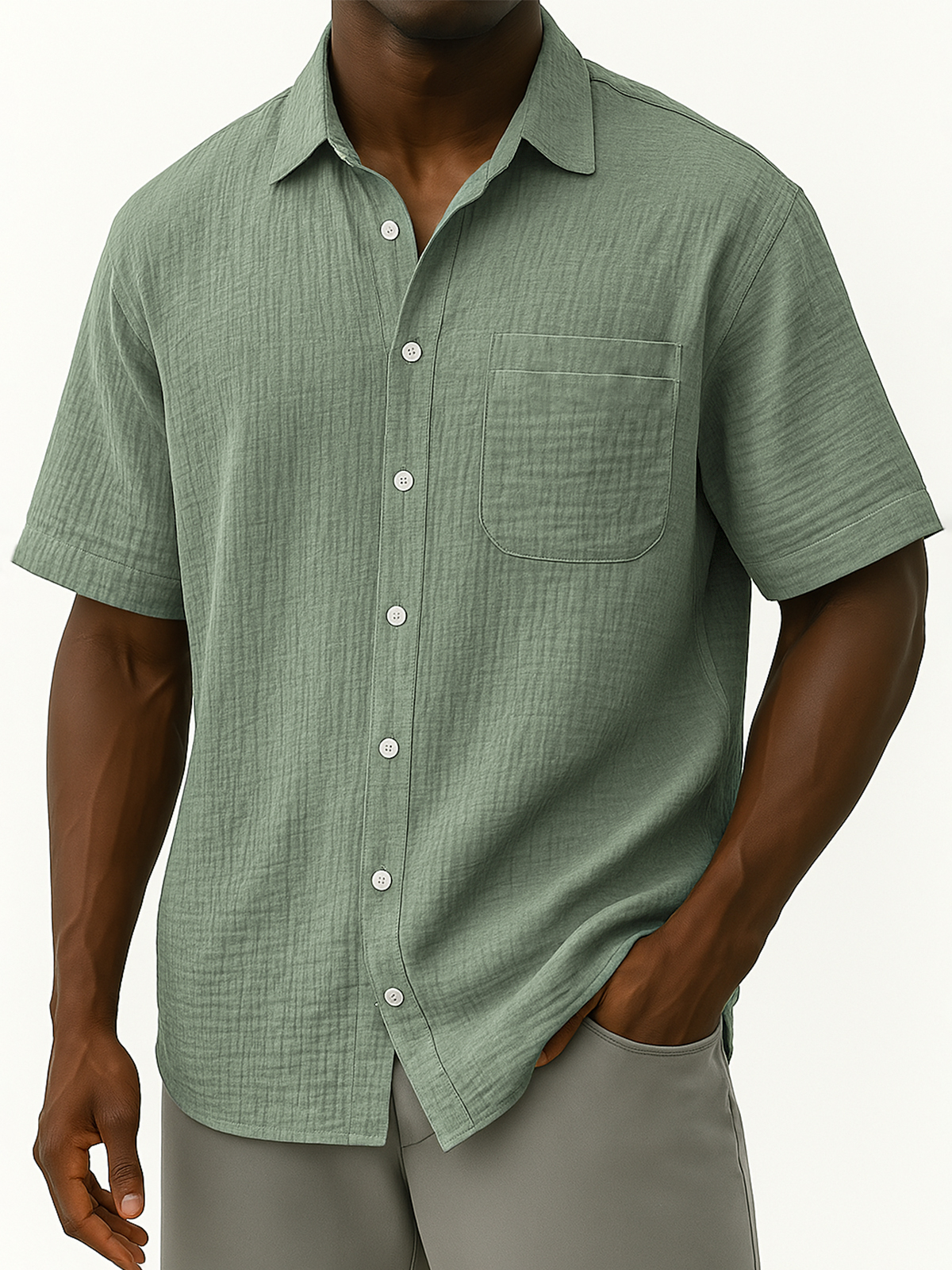 Men's Comfortable Crepe Loose Casual Vacation Short Sleeve Shirt with Chest Pocket