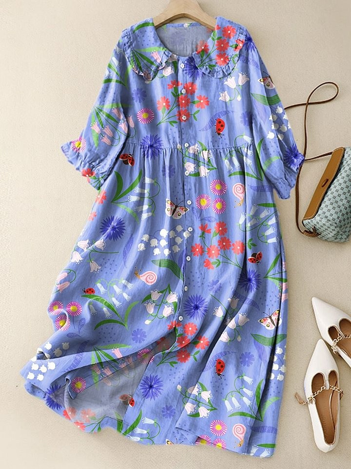 Women's Vintage Flower Art Print Casual Linen V-neck Shirt