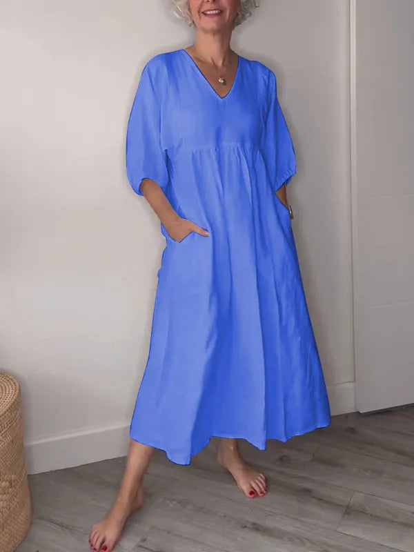 Women's V-neck Solid Color Mid-length Sleeve Cotton and Linen Dress-Comfort & Reliable