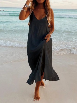 Women's Casual V-Neck Plain Ruffle Hem Sleeveless Dress-Comfort & Reliable