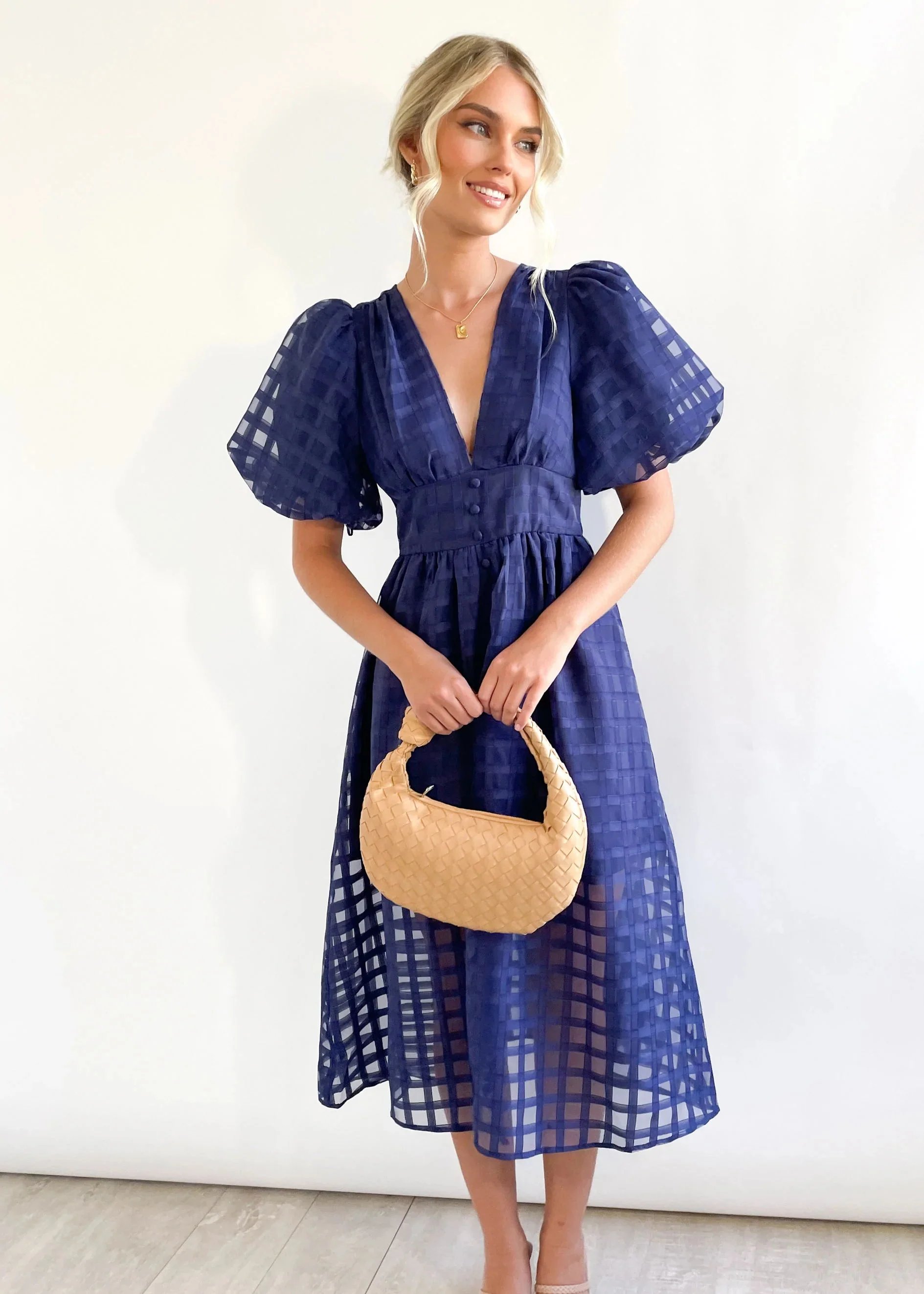Beauty Square Patterned Fabric Puff Sleeve Midi Dress-Comfort & Reliable