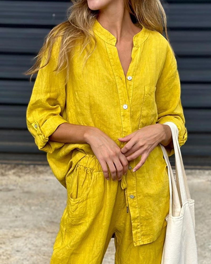 Casual Solid Color V-Neck Shirt & Pants Cotton Linen Two-Piece Set-Comfort & Reliable