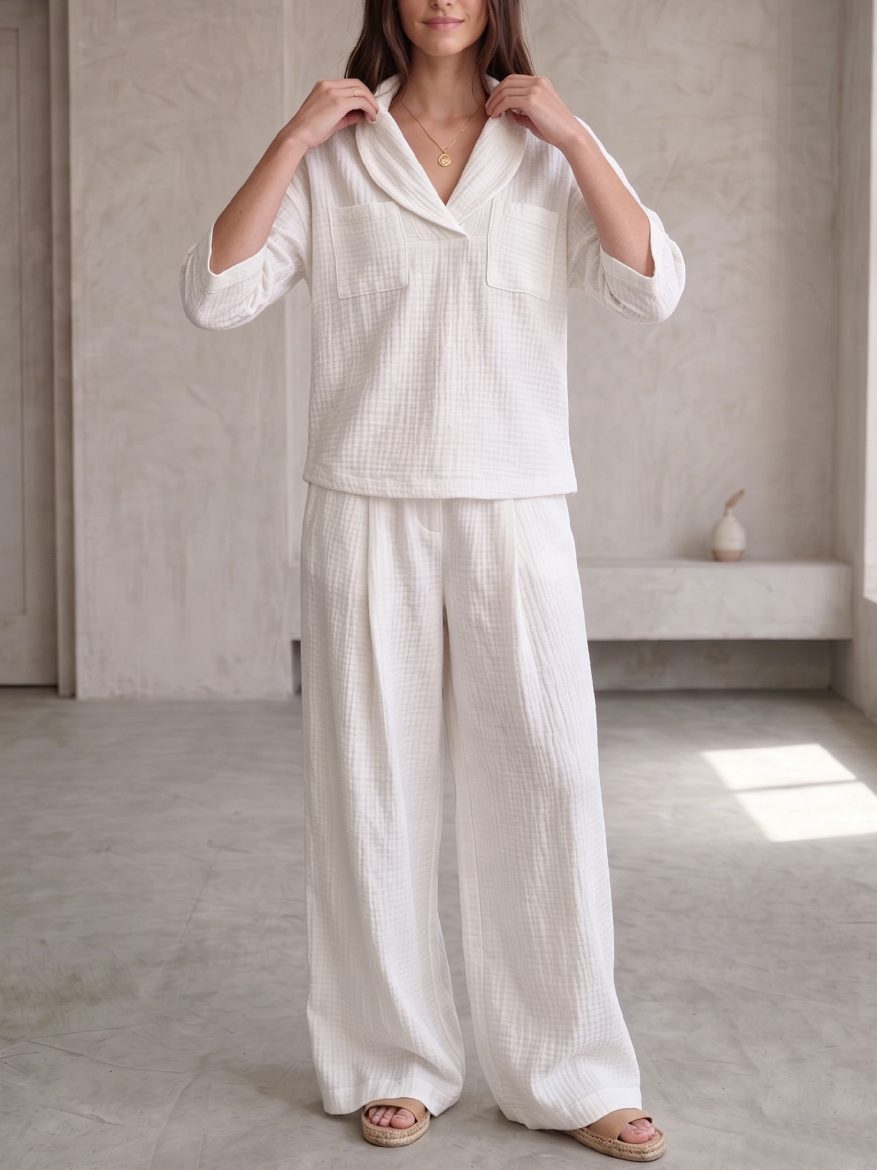 🌟 Clearance Sale🔥 Women's Peter Pan Collar V-Neck 3/4-Sleeve Cotton-Linen Two-Piece Set