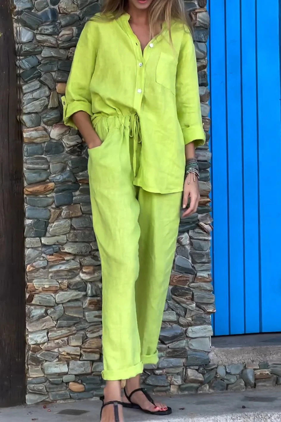 Casual Solid Color V-Neck Shirt & Pants Cotton Linen Two-Piece Set-Comfort & Reliable