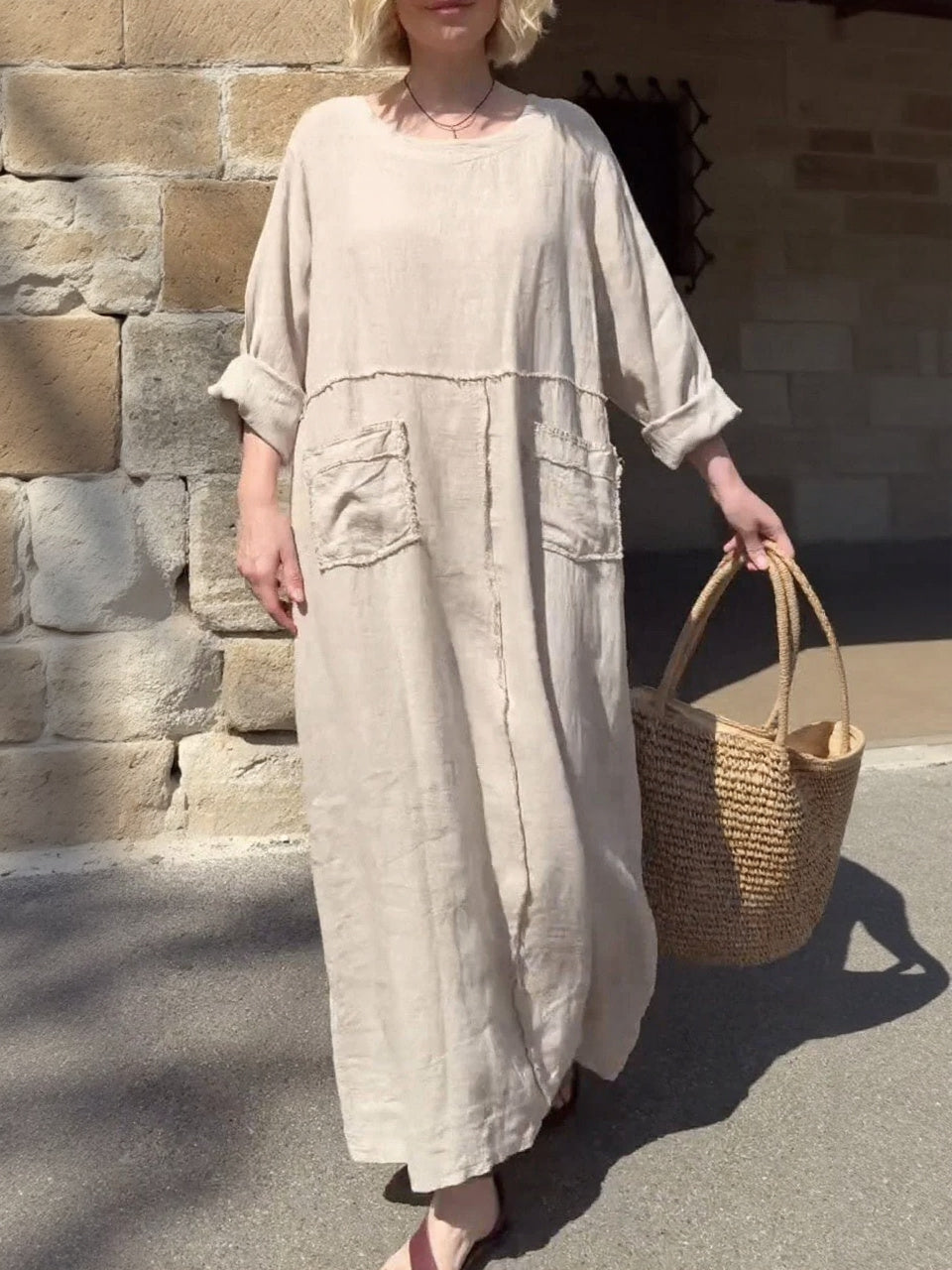 Round Neck Cotton and Linen Long Sleeve Casual Dress-Comfort & Reliable