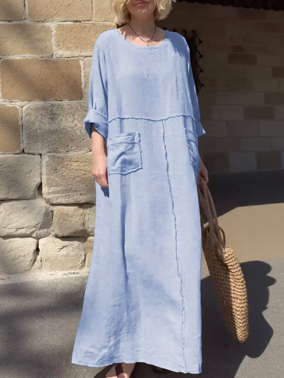 Round Neck Cotton and Linen Long Sleeve Casual Dress-Comfort & Reliable