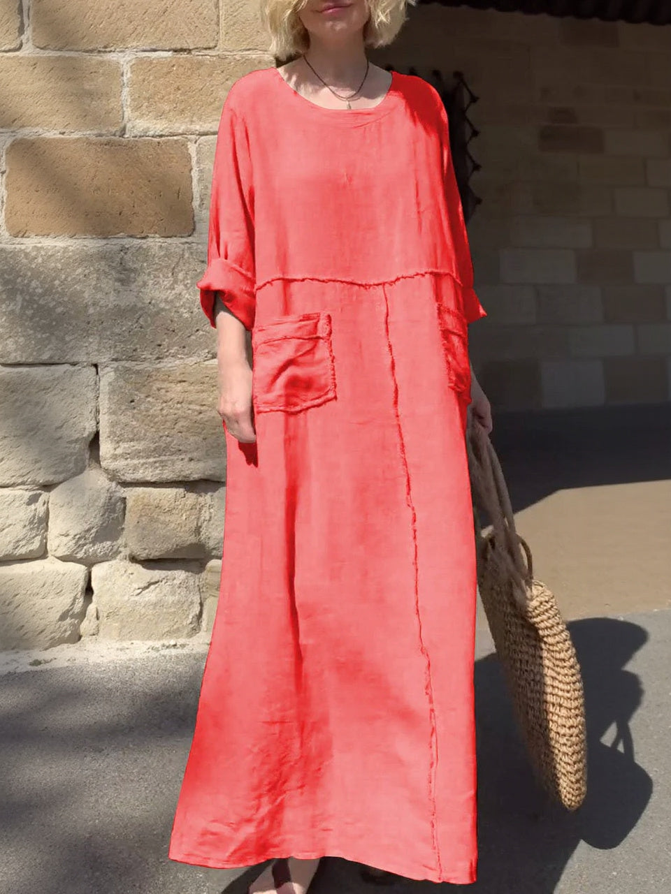 Round Neck Cotton and Linen Long Sleeve Casual Dress-Comfort & Reliable
