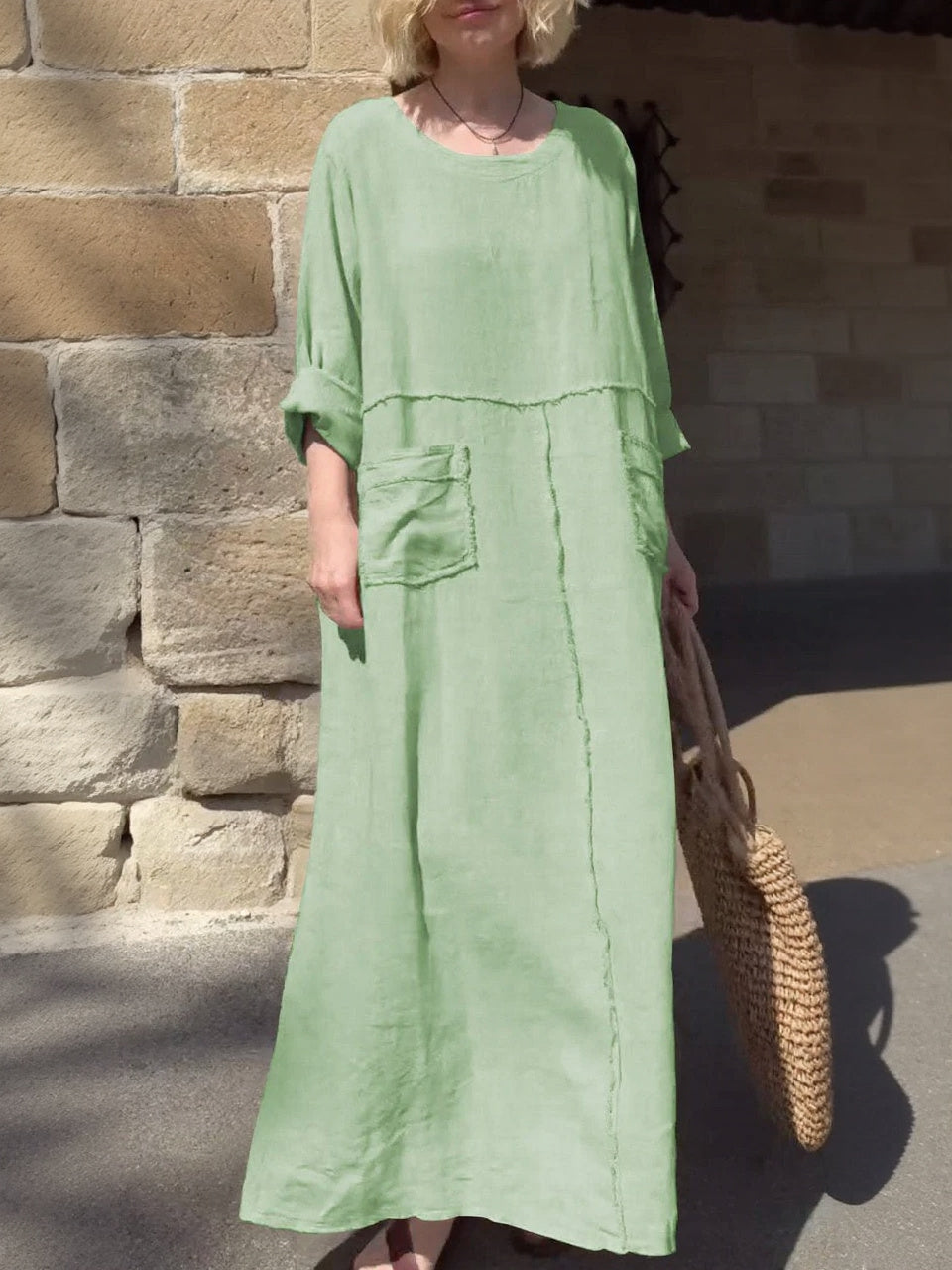 Round Neck Cotton and Linen Long Sleeve Casual Dress-Comfort & Reliable