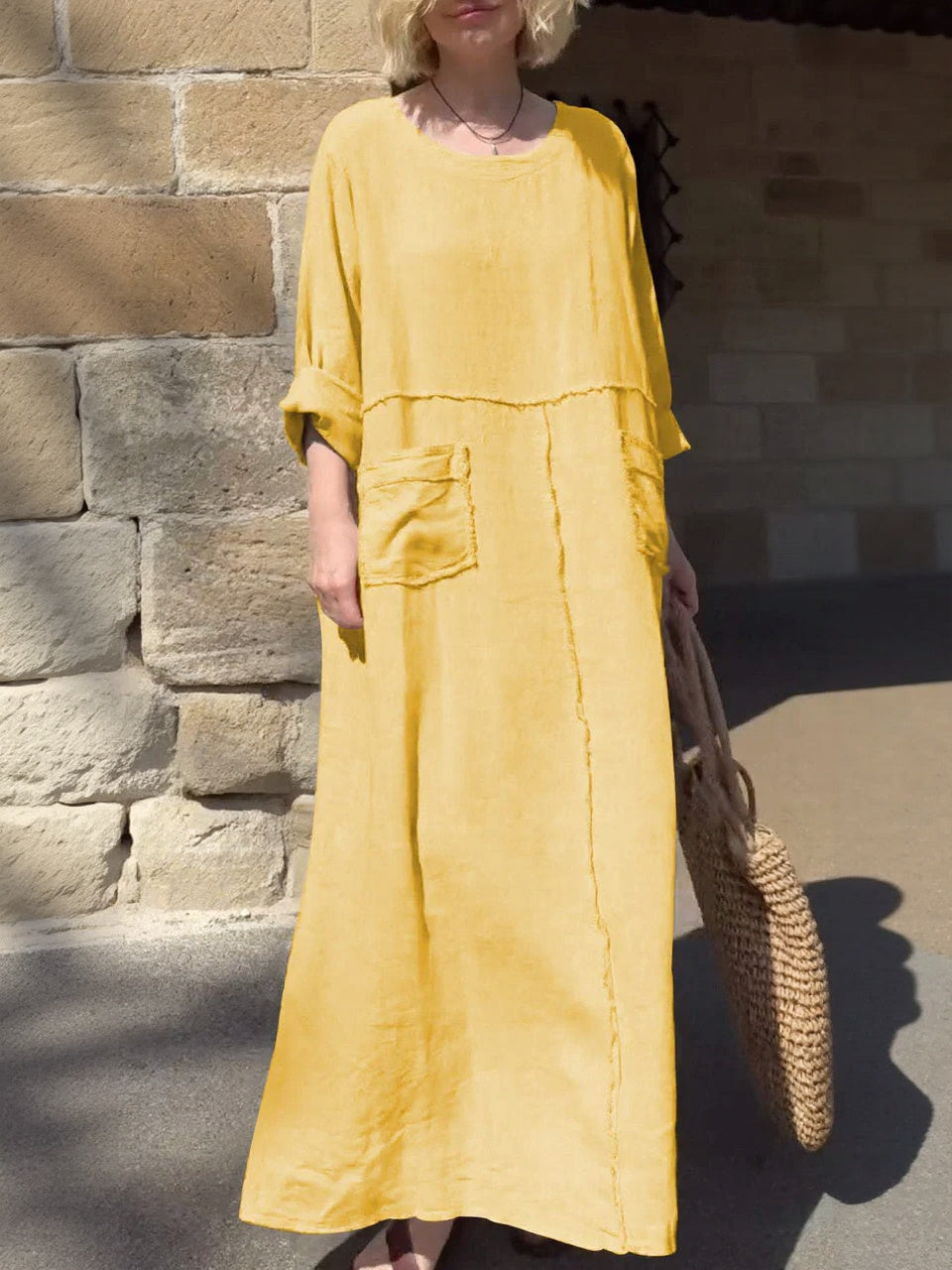 Round Neck Cotton and Linen Long Sleeve Casual Dress-Comfort & Reliable