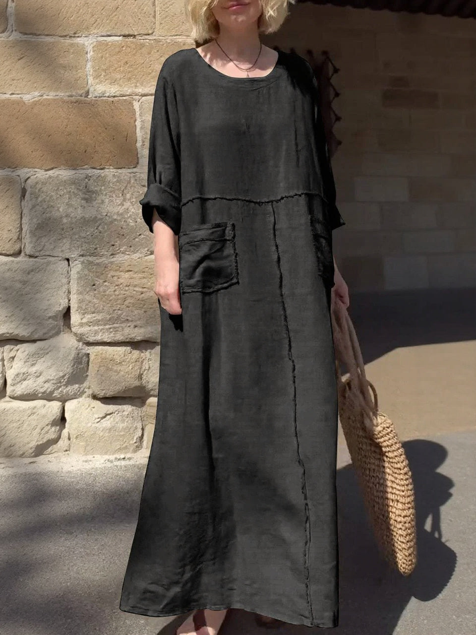 Round Neck Cotton and Linen Long Sleeve Casual Dress-Comfort & Reliable